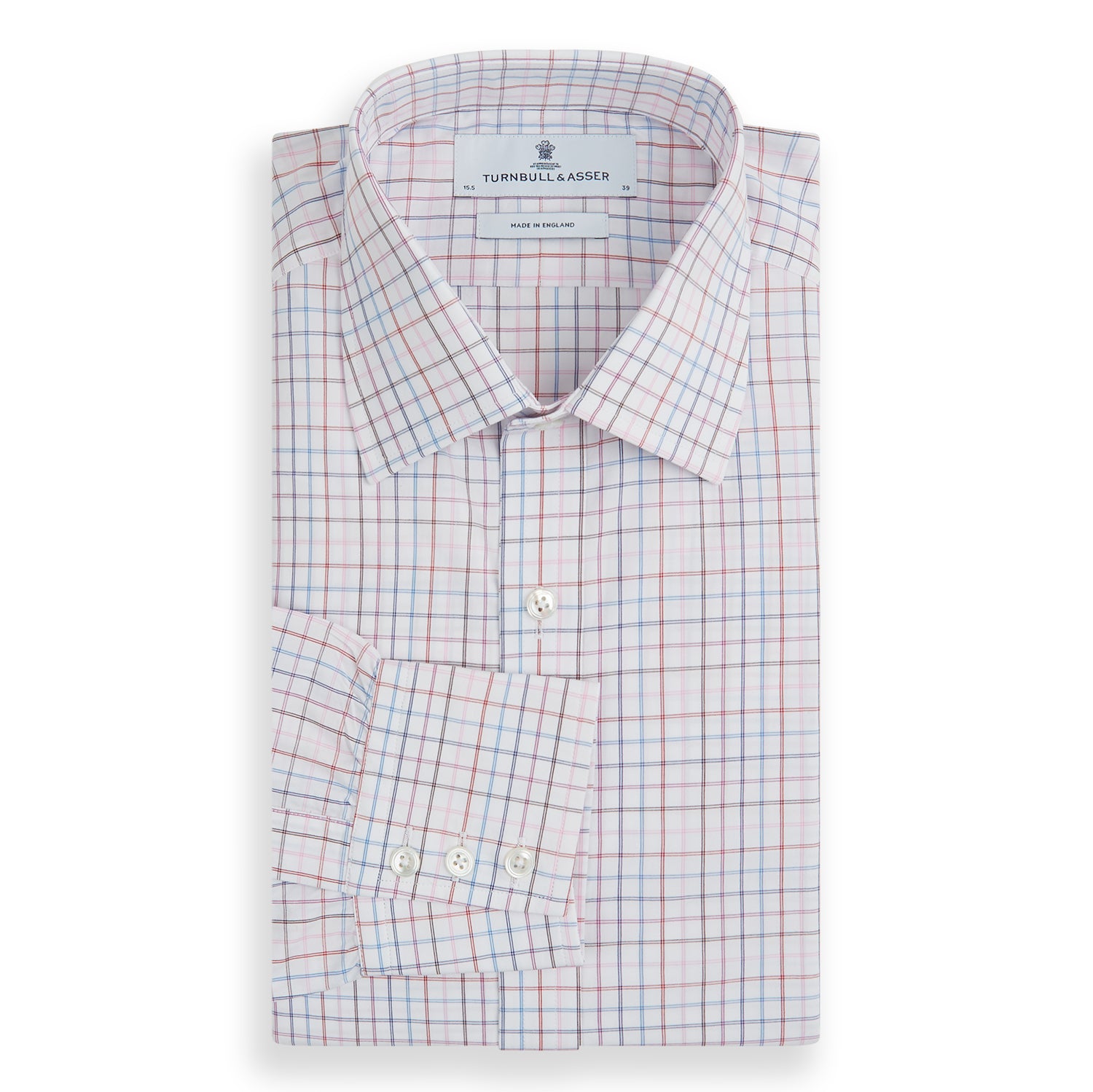 View 4 of product The Turnbull & Asser Pink Multi Double Grid Check Mayfair Shirt, made from organic cotton with a pointed collar and buttoned cuffs, features a light pink base with blue and red grid checks and is shown flat on a white background.