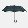 View 1 of product The Turnbull & Asser Black Watch Tartan Telescopic Umbrella features a green and blue plaid pattern and a whangee crook handle, offering classic luxury against a plain white background.