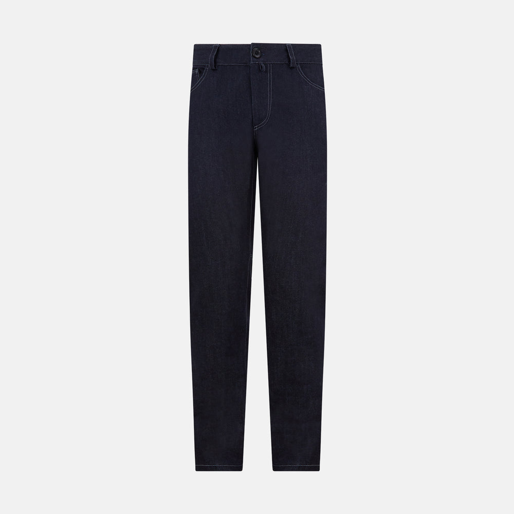 Turnbull & Asser Navy Denim Trousers feature a classic straight-leg cut, button and zipper closure, five-pocket workwear styling, and both front and back pockets, shown against a plain light background.