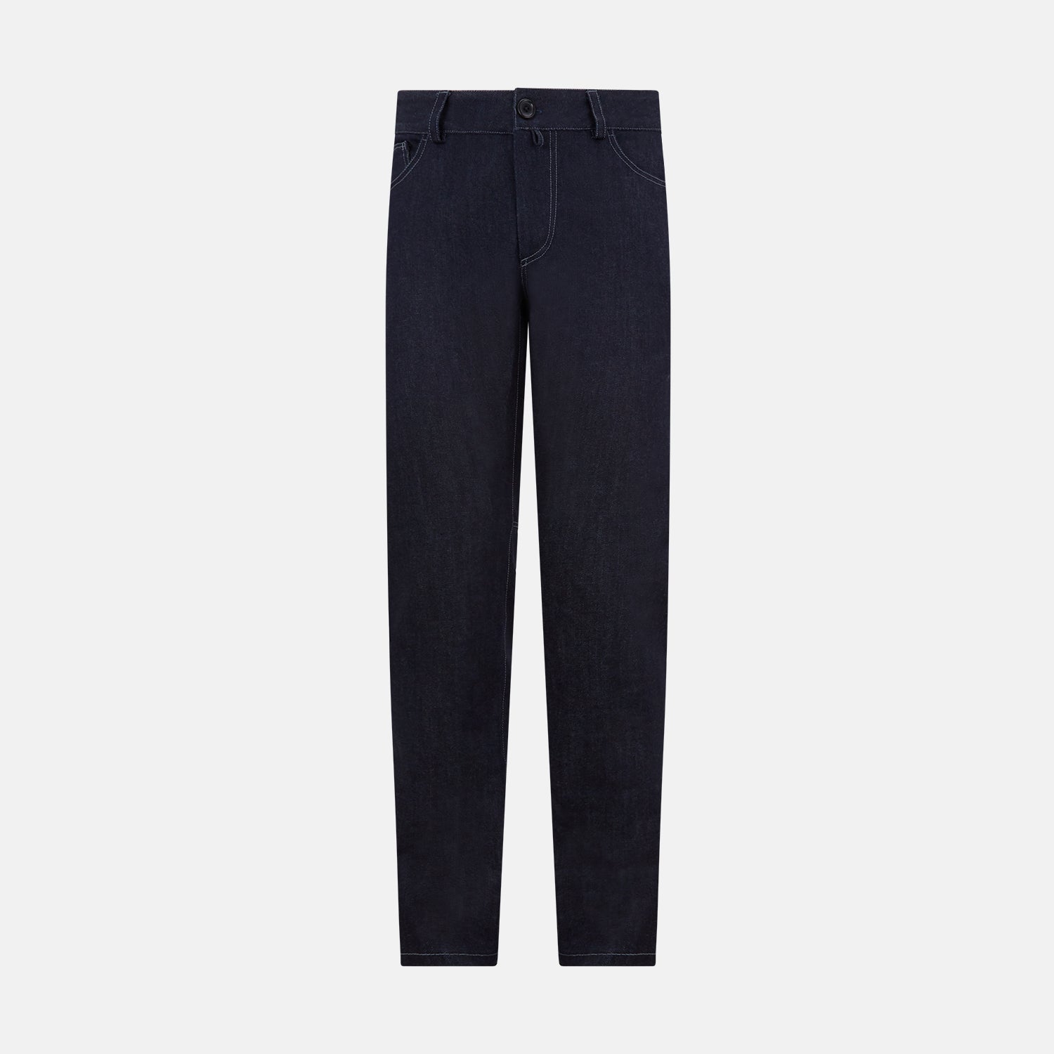 View 1 of product Turnbull & Asser Navy Denim Trousers feature a classic straight-leg cut, button and zipper closure, five-pocket workwear styling, and both front and back pockets, shown against a plain light background.
