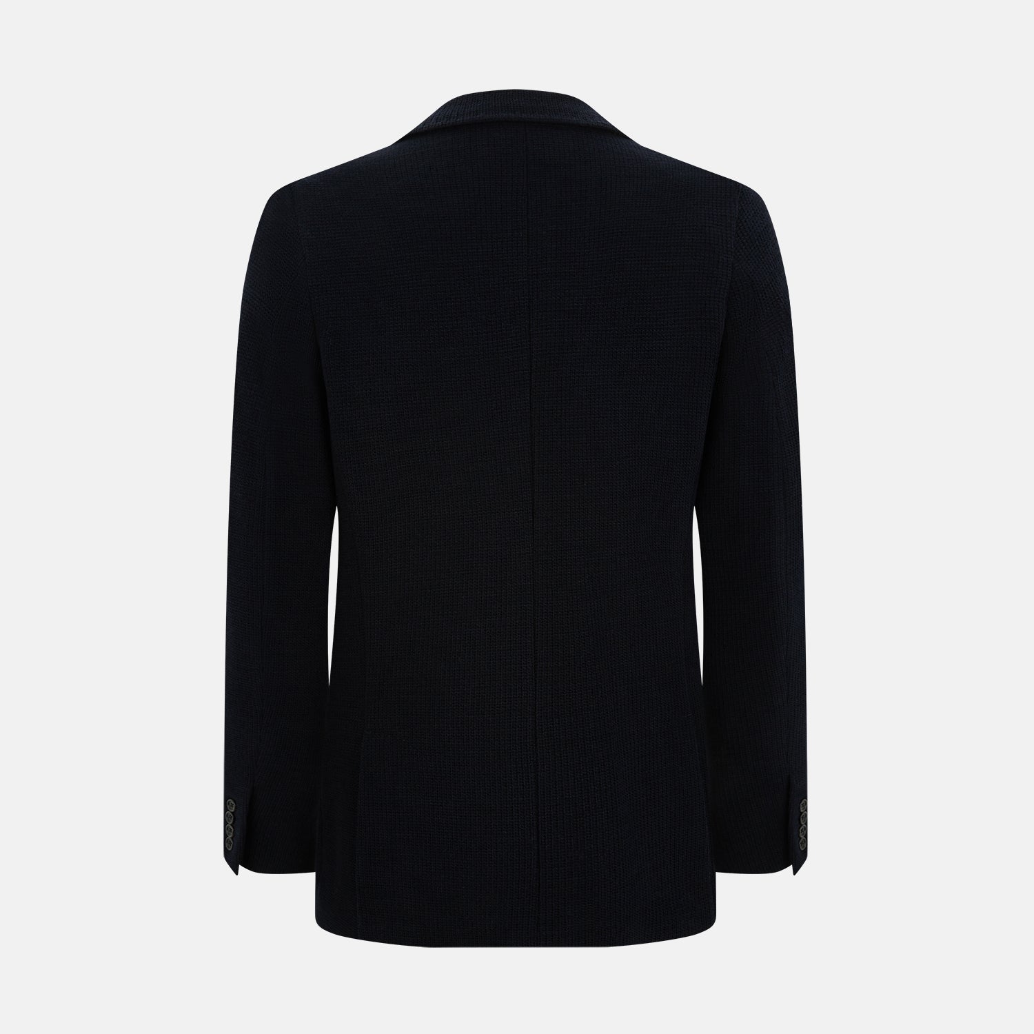 View 3 of product The Turnbull & Asser Navy Knitted Cambridge Blazer features a single-breasted design with three front patch pockets and two buttons, shown against a plain white background.