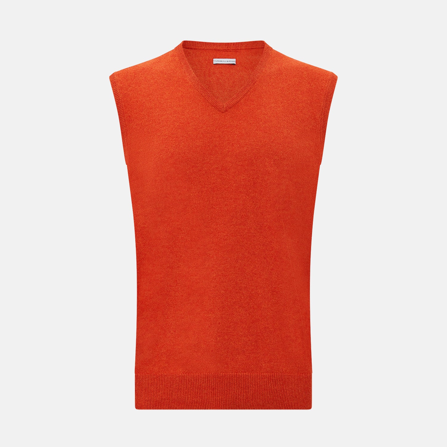 View 1 of product The Turnbull & Asser Red Orange Cashmere Sleeveless Vest with a V-neck, ribbed hem, and minimalist design is showcased against a white background—ideal for the refined gentleman.