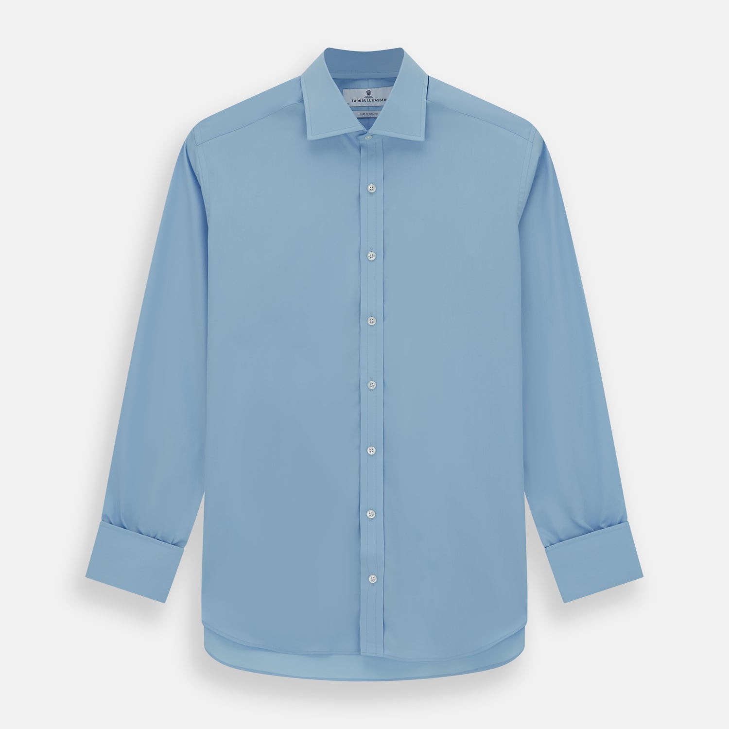 View 1 of product The Turnbull & Asser Dr. No Blue Cotton Shirt with a classic collar, cocktail cuffs, button-up front, and straight hem is featured on a plain white background. As seen on James Bond.