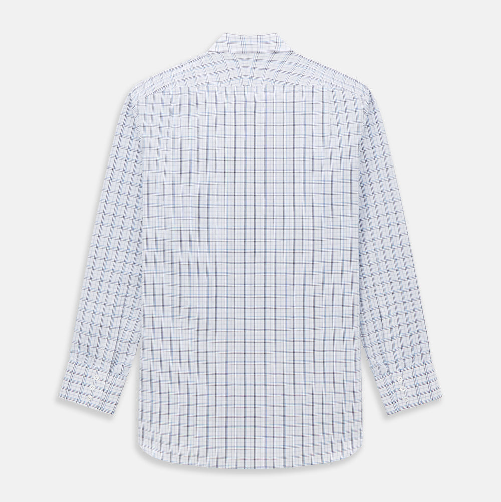 The Turnbull & Asser Purple and Blue Multi Check Mayfair Shirt features long sleeves, a button-up front, and a classic T&A collar, with blue and light gray checks on white, displayed flat against a plain white background.