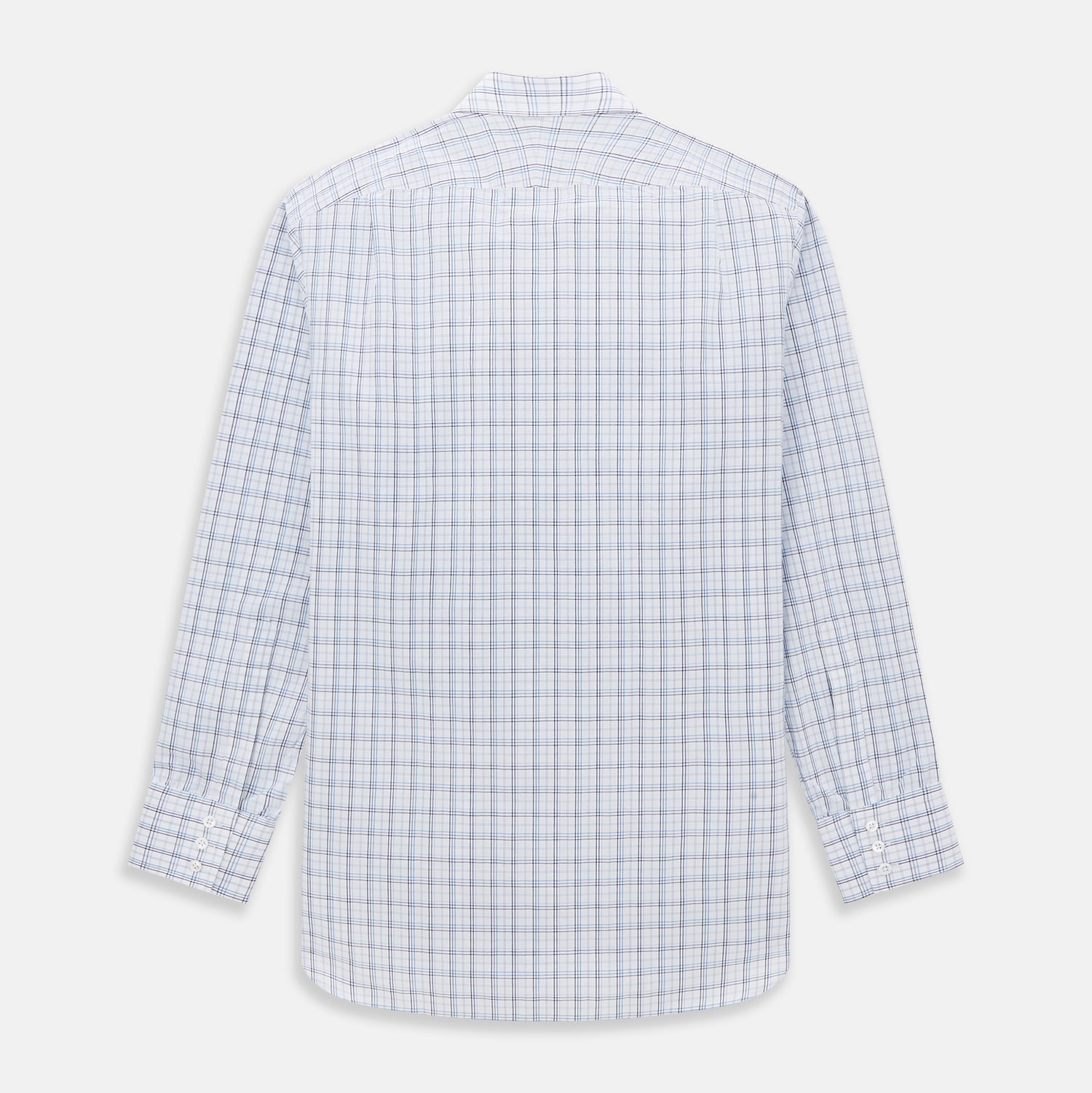 View 5 of product The Turnbull & Asser Purple and Blue Multi Check Mayfair Shirt features long sleeves, a button-up front, and a classic T&A collar, with blue and light gray checks on white, displayed flat against a plain white background.
