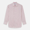 View 1 of product The Turnbull & Asser Burgundy Stripe West Indian Sea Island Cotton Regular Fit Mayfair Shirt features thin vertical red and white stripes, a classic collar, and long sleeves, shown on a plain white background.