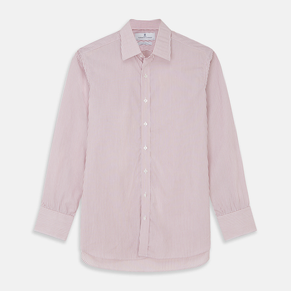The Turnbull & Asser Burgundy Stripe West Indian Sea Island Cotton Regular Fit Mayfair Shirt features thin vertical red and white stripes, a classic collar, and long sleeves, shown on a plain white background.