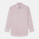 The Turnbull & Asser Burgundy Stripe West Indian Sea Island Cotton Regular Fit Mayfair Shirt features thin vertical red and white stripes, a classic collar, and long sleeves, shown on a plain white background.