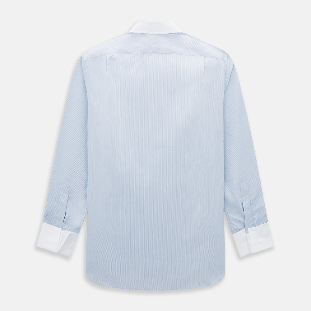 Turnbull & Asser Sky Blue Hairline Multi Stripe Shirt features a contrasting T&A collar and cuffs, long sleeves, and button-down front. Displayed against a plain white background.