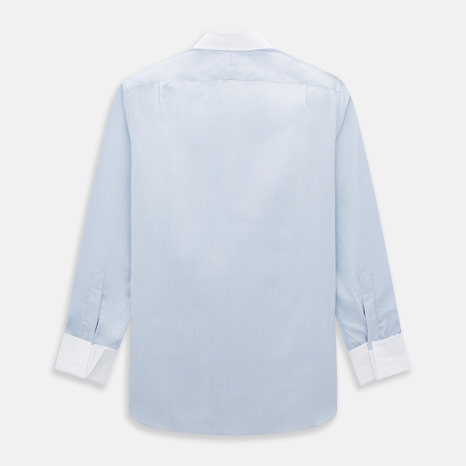 View 3 of product Turnbull & Asser Sky Blue Hairline Multi Stripe Shirt features a contrasting T&A collar and cuffs, long sleeves, and button-down front. Displayed against a plain white background.