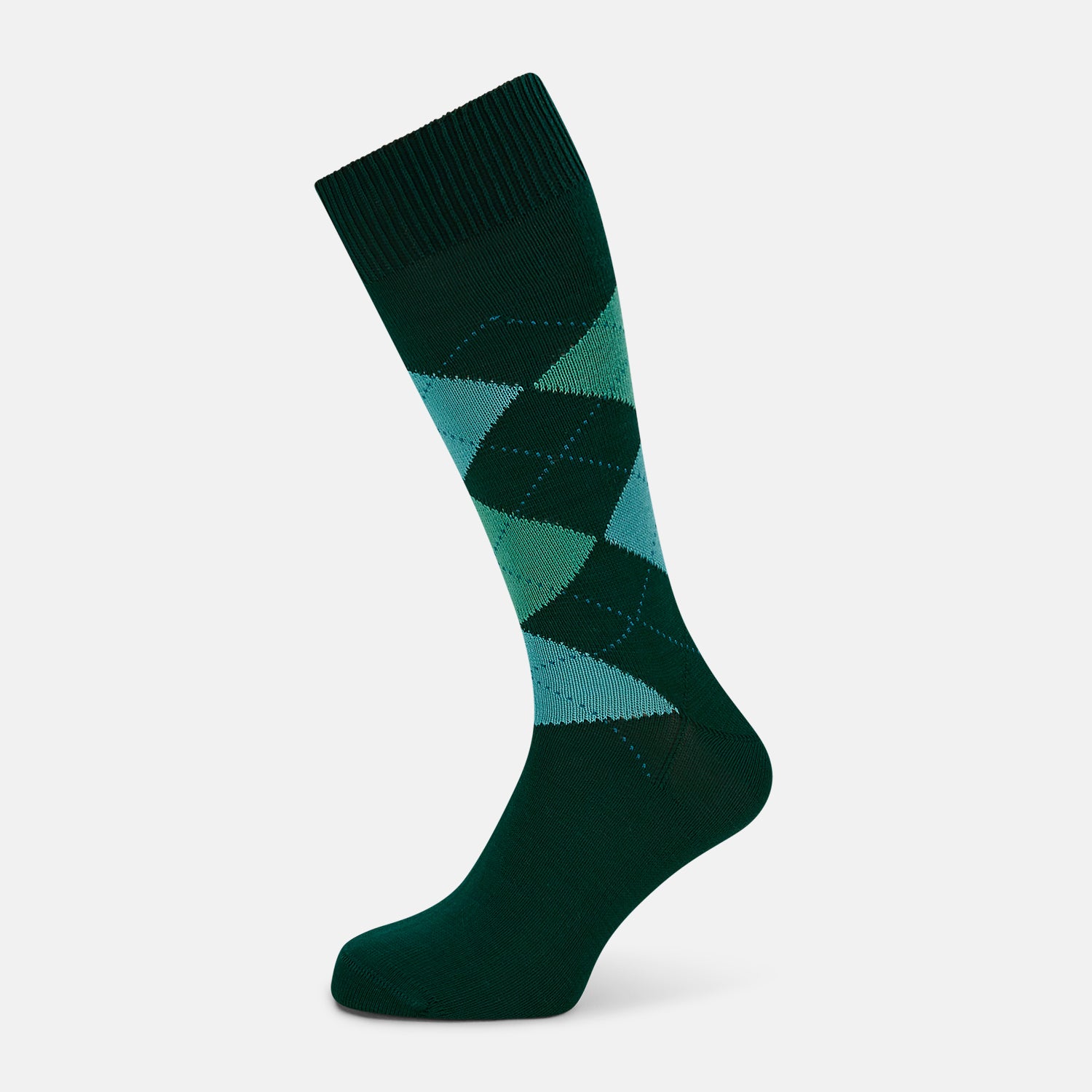 View 1 of product The Olive Check Mid-Length Socks by Turnbull & Asser, crafted from comfortable cotton in dark green with blue and light green argyle patterns, are shown on a plain white background—ideal for adding stylish flair to your sock collection.