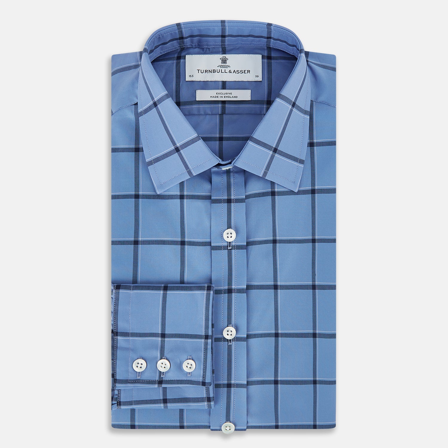 View 5 of product The Turnbull & Asser Colony Blue Grid Check Mayfair Shirt is a light blue, long-sleeve button-up with a collar and evenly spaced dark blue grid lines.