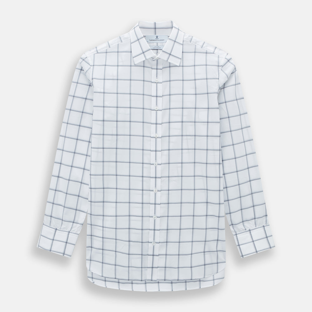 The Turnbull & Asser Grey Grid Check Mayfair Shirt features a classic collar and buttoned cuffs, crafted from fine Italian cotton with a grey grid check on white, and is shown against a plain white background.