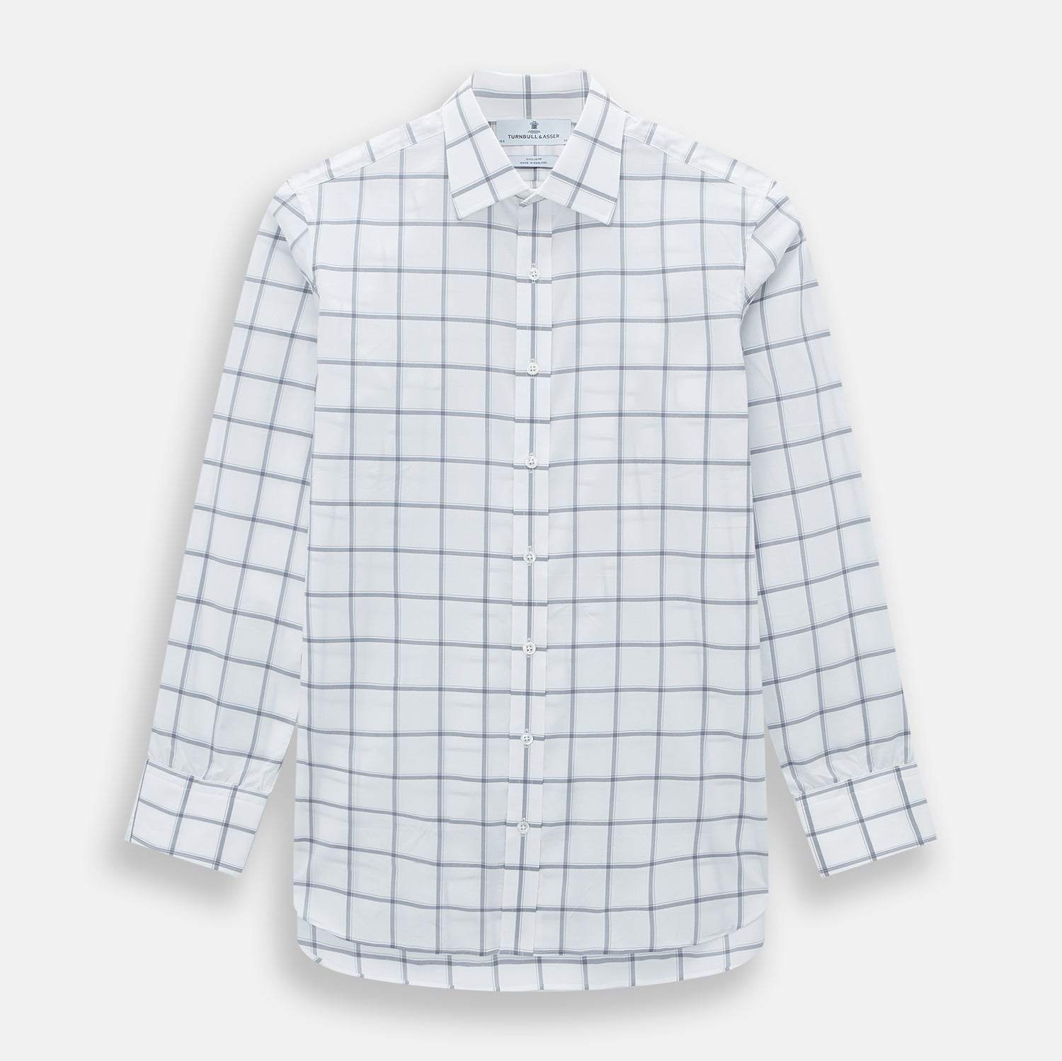 View 1 of product The Turnbull & Asser Grey Grid Check Mayfair Shirt features a classic collar and buttoned cuffs, crafted from fine Italian cotton with a grey grid check on white, and is shown against a plain white background.