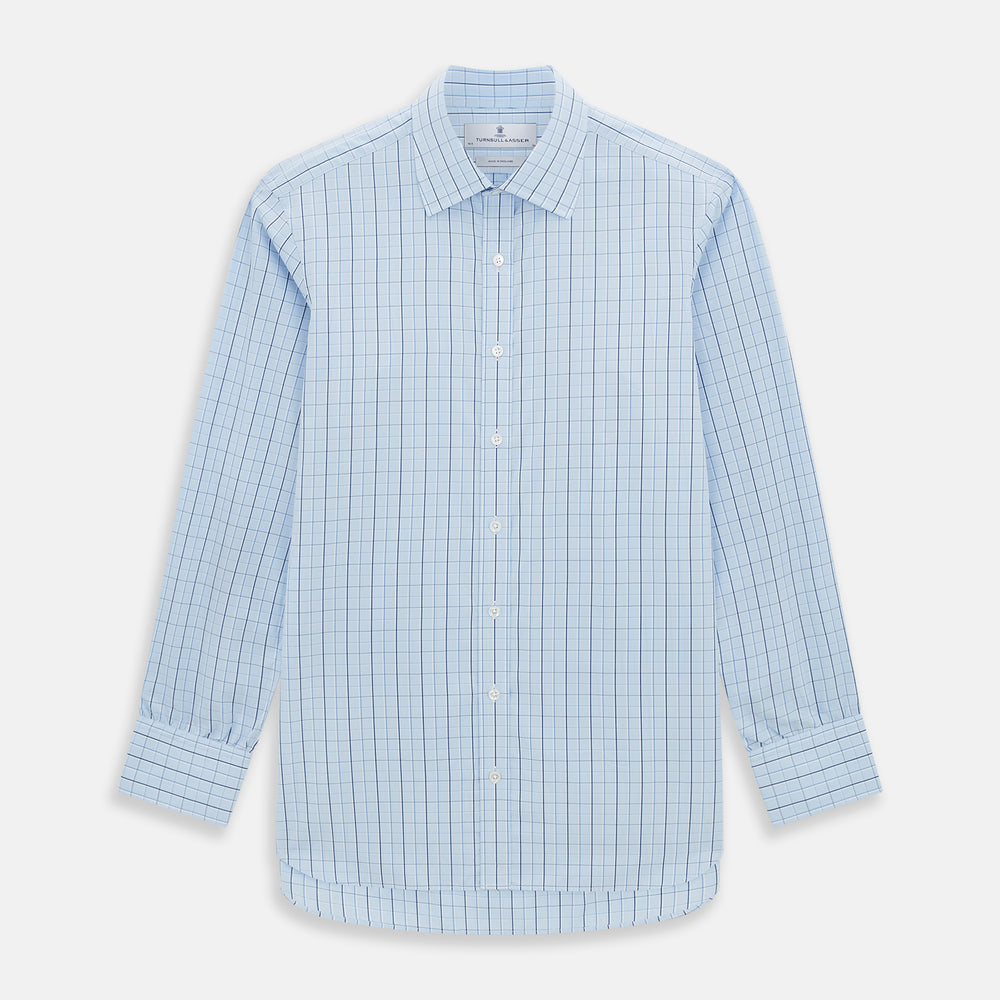 The Navy and Blue Combination Check Mayfair Shirt by Turnbull & Asser features a light blue base with a grid of thin dark blue lines, long sleeves, a pointed collar, and is neatly displayed on a plain white background.