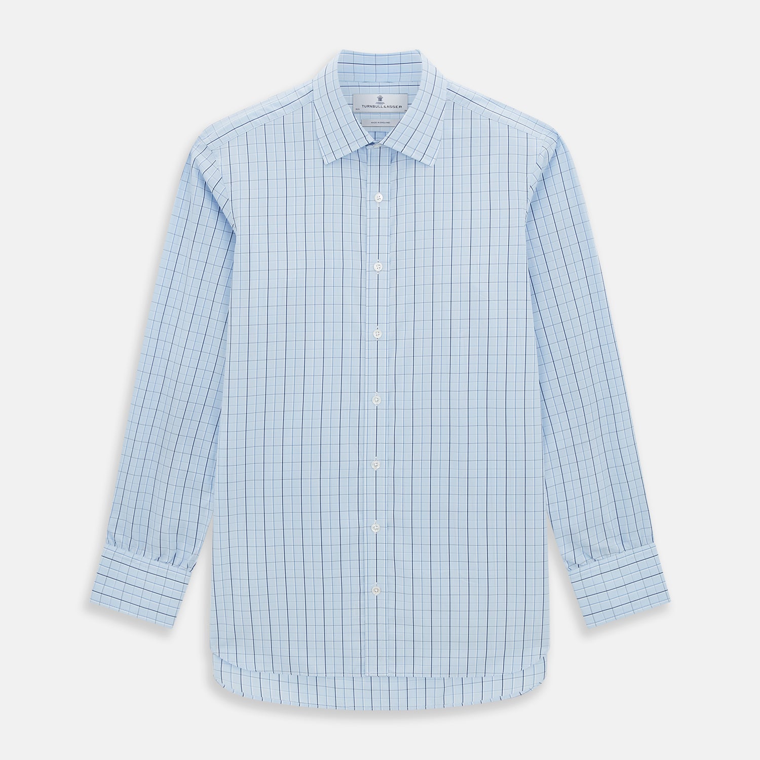 View 1 of product The Navy and Blue Combination Check Mayfair Shirt by Turnbull & Asser features a light blue base with a grid of thin dark blue lines, long sleeves, a pointed collar, and is neatly displayed on a plain white background.