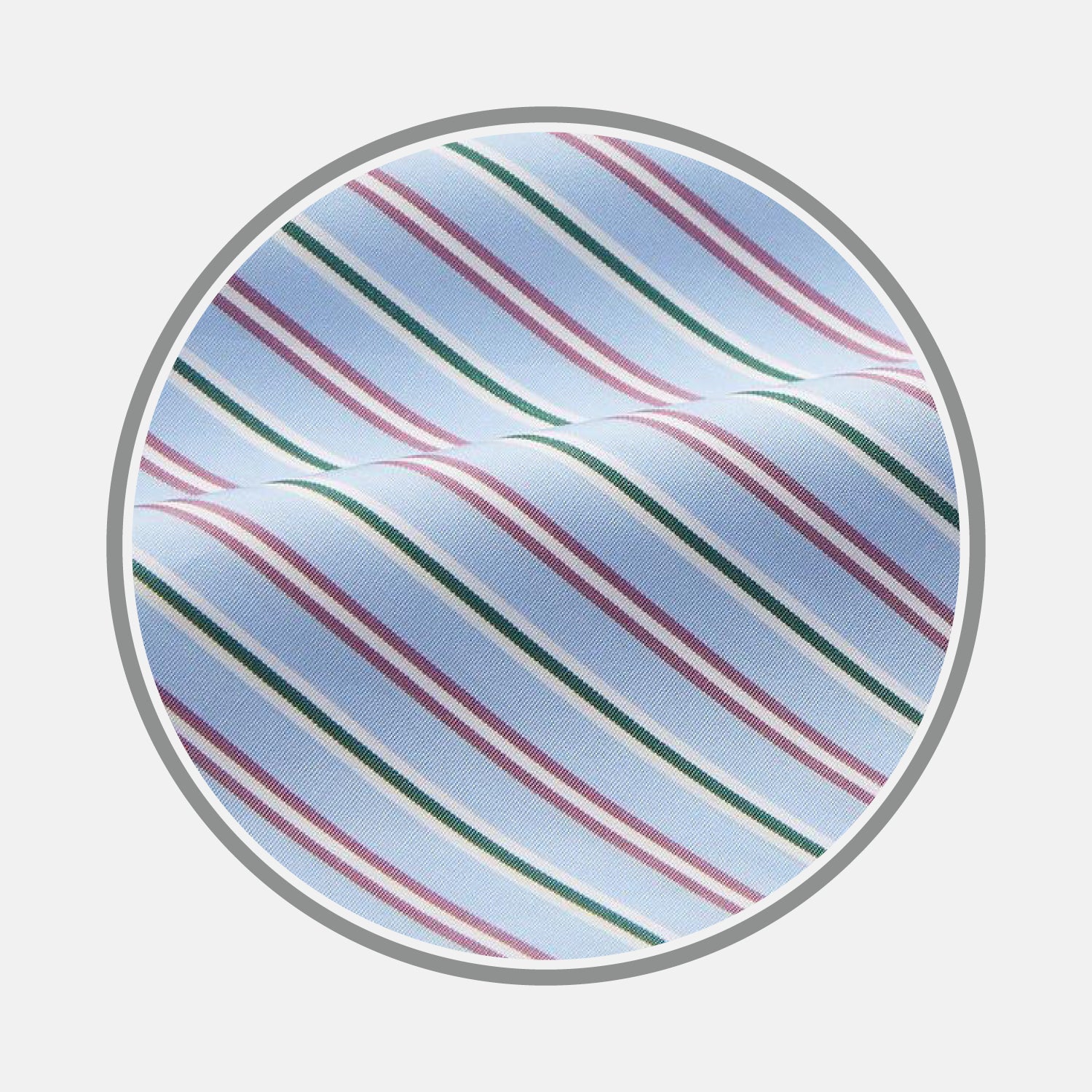 View 1 of product Close-up of Turnbull & Asser's Blue, Purple & Green Stripe Cotton Fabric featuring diagonal stripes on a light blue background, viewed through a circular frame; the cotton material is softly folded and slightly textured.