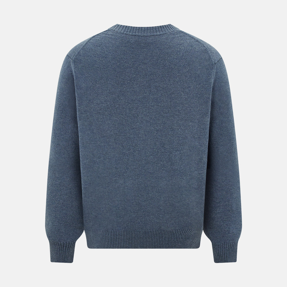 The Turnbull & Asser Blue Melange Cashmere Cardigan features a V-neck, black buttons, ribbed cuffs and hem, and two front pockets—ideal knitwear for versatile layering, shown here against a plain white background.