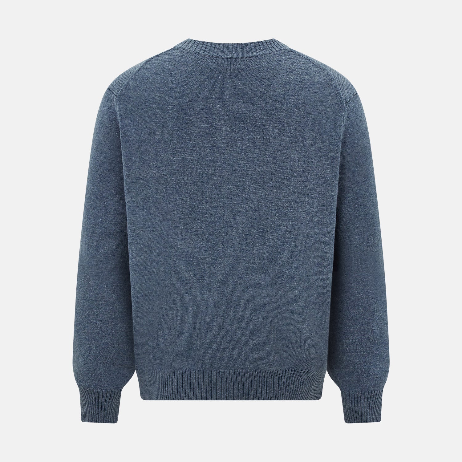 View 3 of product The Turnbull & Asser Blue Melange Cashmere Cardigan features a V-neck, black buttons, ribbed cuffs and hem, and two front pockets—ideal knitwear for versatile layering, shown here against a plain white background.