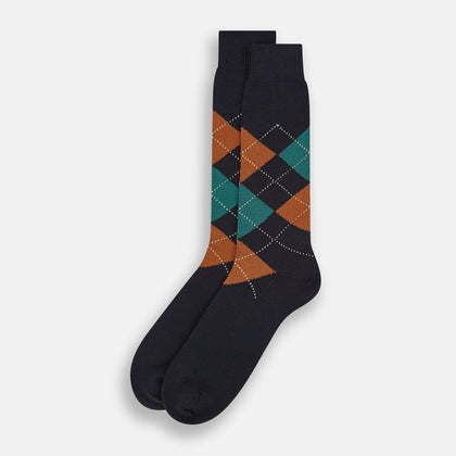 Navy/Green/Orange Wool Check Mid-Length Socks Image 1