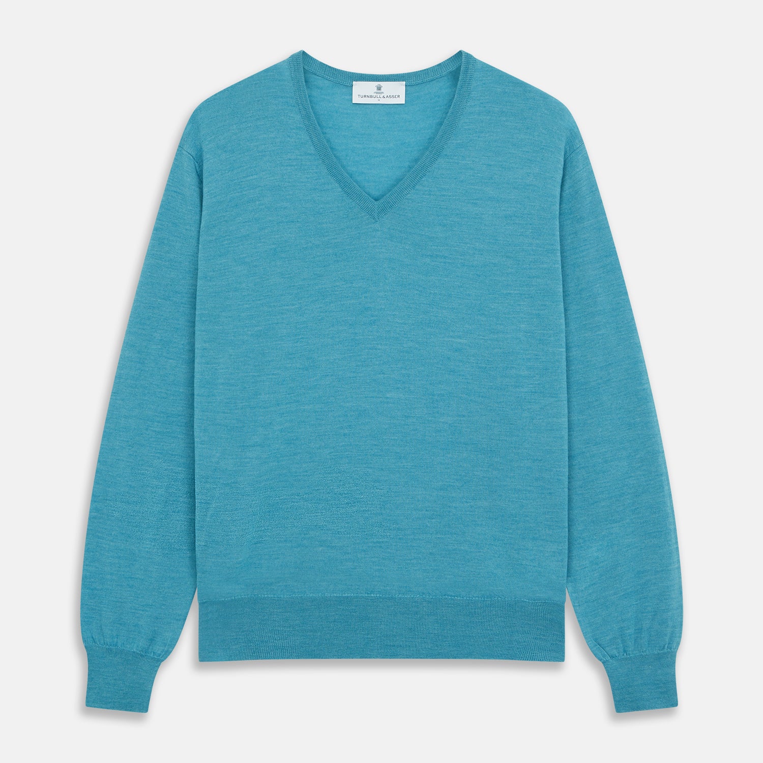 View 1 of product The Turquoise Kennedy Merino V-Neck Jumper by Turnbull & Asser features ribbed cuffs and hem, crafted from premium merino knitwear, and is shown flat on a white background.