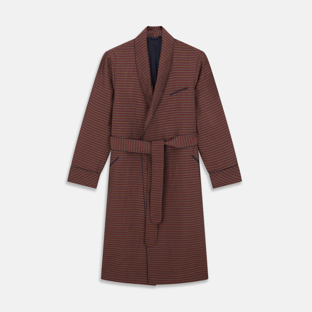The Turnbull & Asser Claret and Green Multi Stripe Silk and Linen Blend Pierce Gown features a long robe style, matching belt, long sleeves, and front pockets, shown laid flat on a white background.
