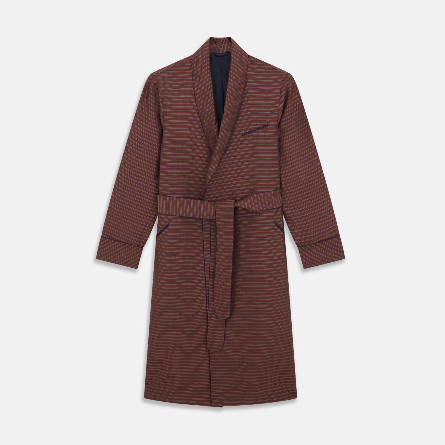 View 1 of product The Turnbull & Asser Claret and Green Multi Stripe Silk and Linen Blend Pierce Gown features a long robe style, matching belt, long sleeves, and front pockets, shown laid flat on a white background.