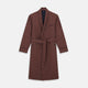 The Turnbull & Asser Claret and Green Multi Stripe Silk and Linen Blend Pierce Gown features a long robe style, matching belt, long sleeves, and front pockets, shown laid flat on a white background.