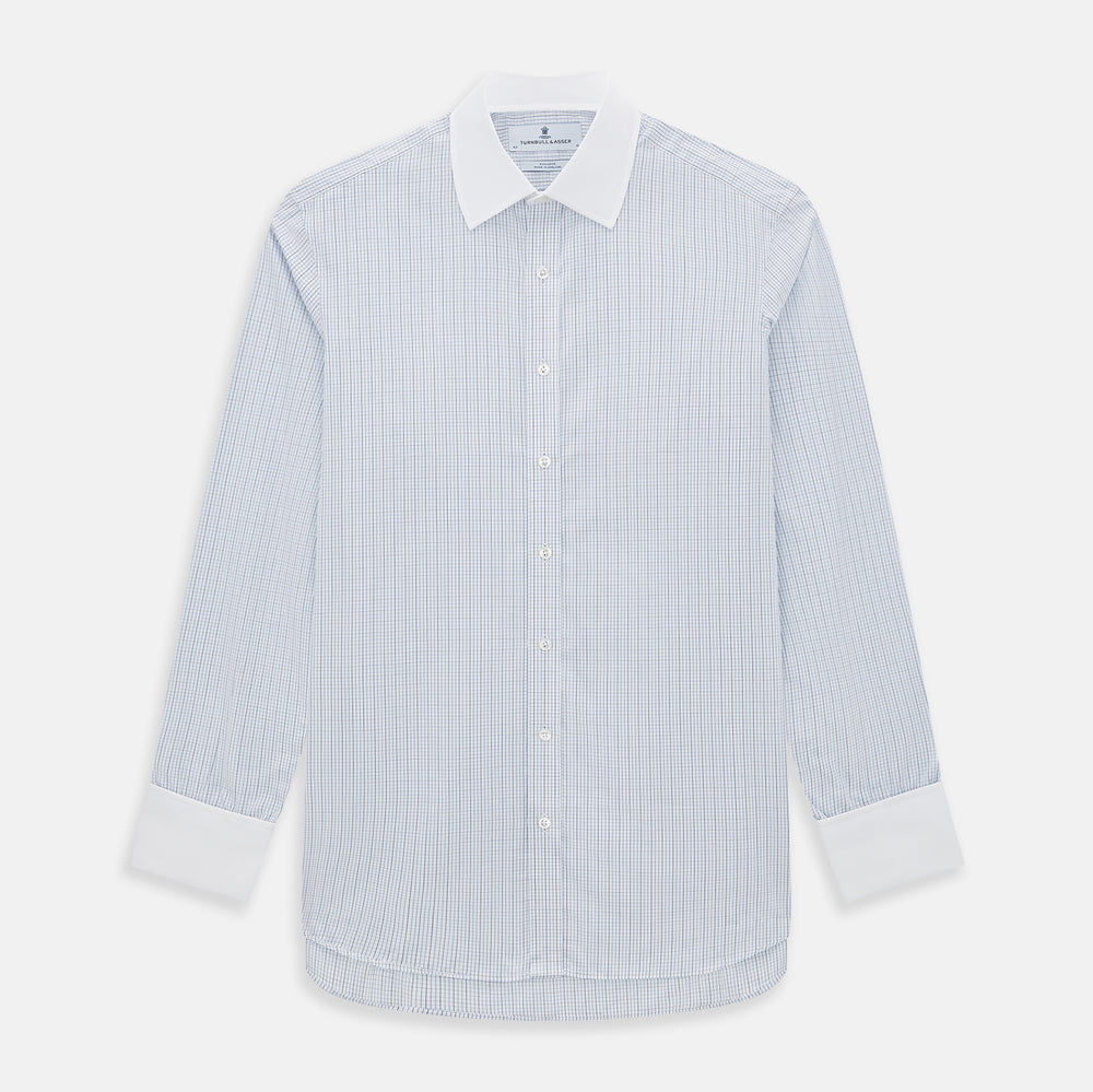 The Turnbull & Asser Pale Blue and Navy Grid Check Shirt features a contrast T&A collar and cuffs, long sleeves, and a button-down front, all displayed on a plain white background.