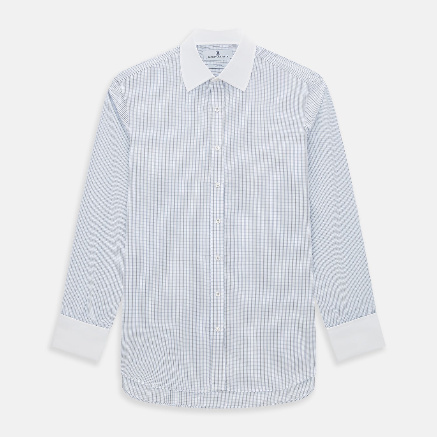 View 1 of product The Turnbull & Asser Pale Blue and Navy Grid Check Shirt features a contrast T&A collar and cuffs, long sleeves, and a button-down front, all displayed on a plain white background.