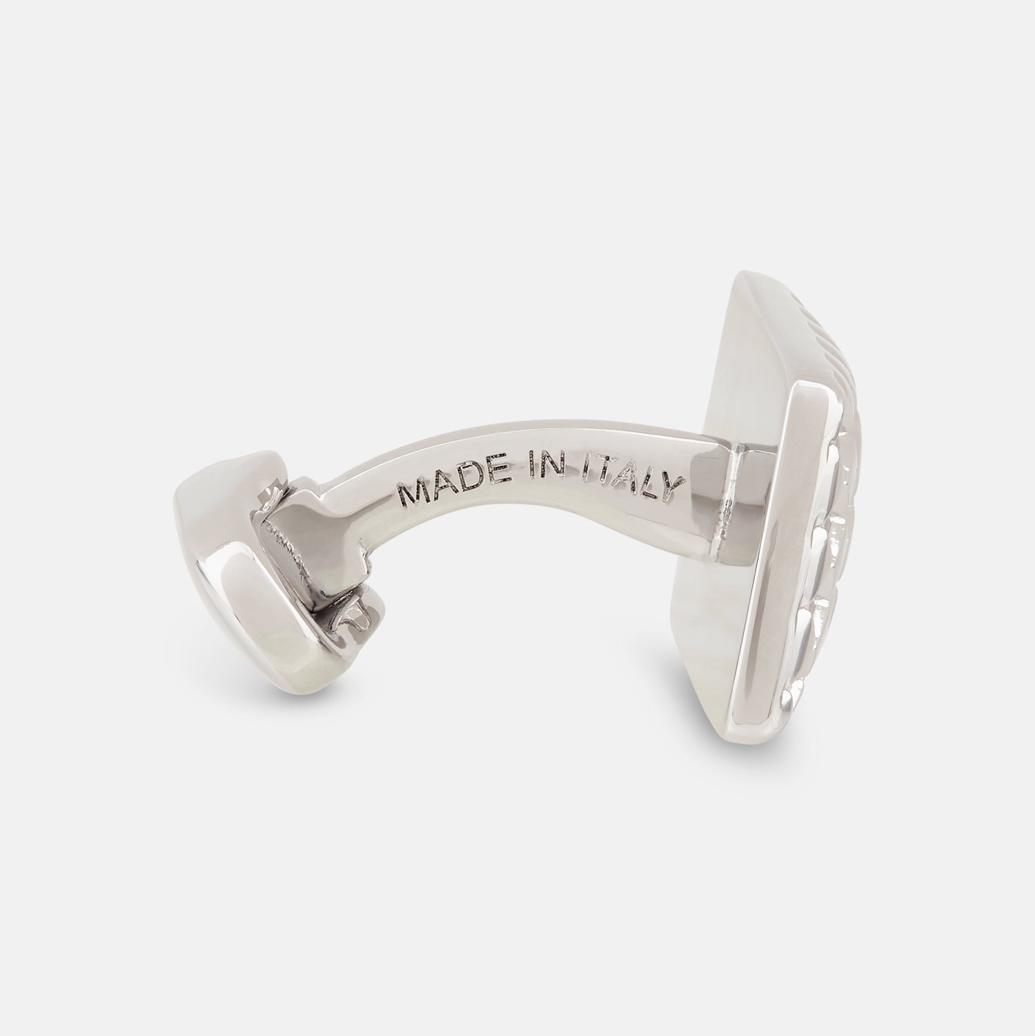 View 2 of product Turnbull & Asser Silver Basketweave Rectangular Cufflinks feature a striking basketweave design on the front and are showcased on a white background.