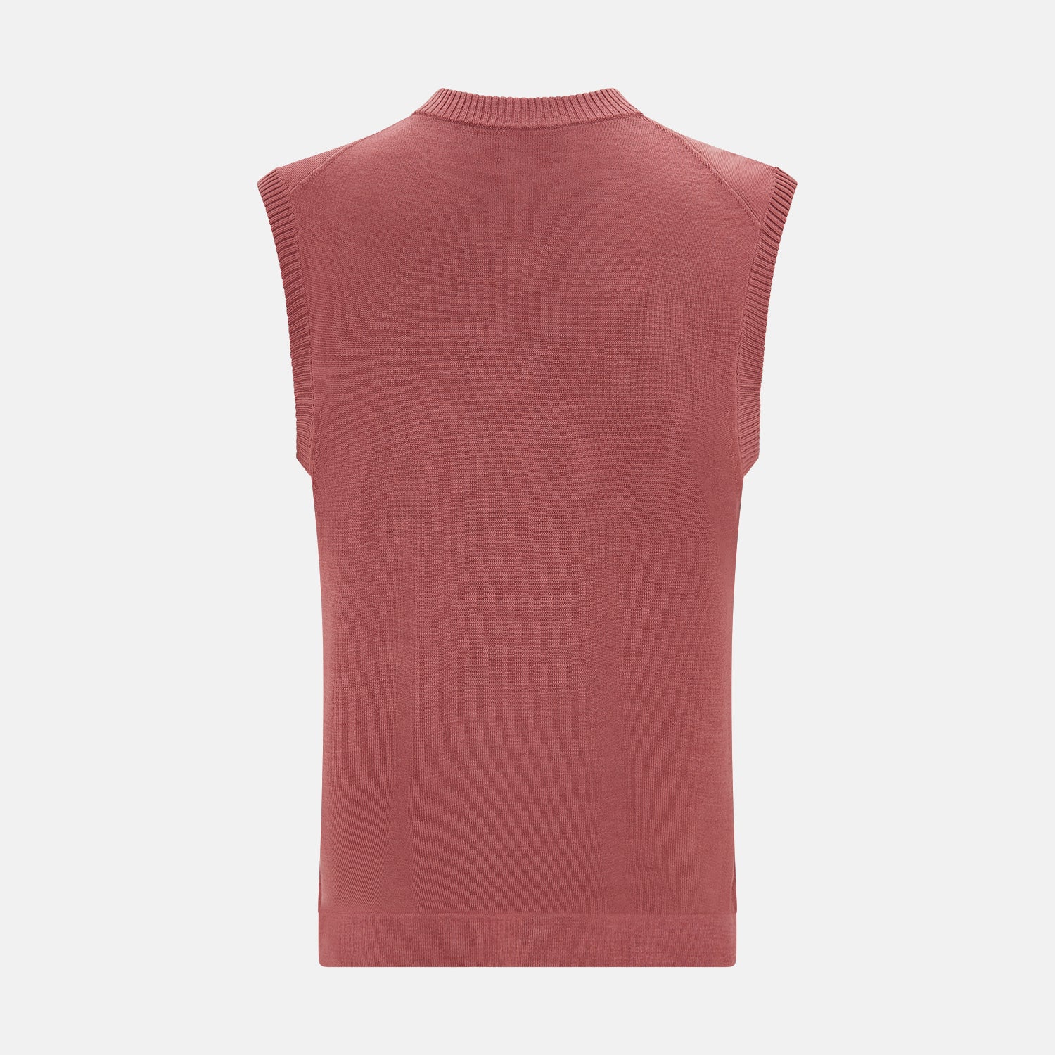 View 3 of product The Turnbull & Asser Antique Pink Fine Merino V-Neck Vest features ribbed trim at the neckline, armholes, and hem—a stylish layering piece for cooler seasons. Shown against a plain white background.