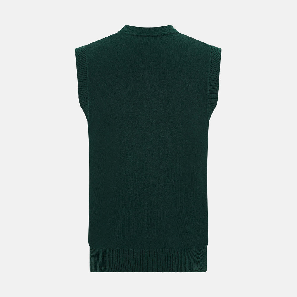 The Forest Green Cashmere Sleeveless Cardigan by Turnbull & Asser features a V-neck, button-down front, ribbed hem and armholes, and two front pockets—an elegant menswear staple shown on a plain white background.