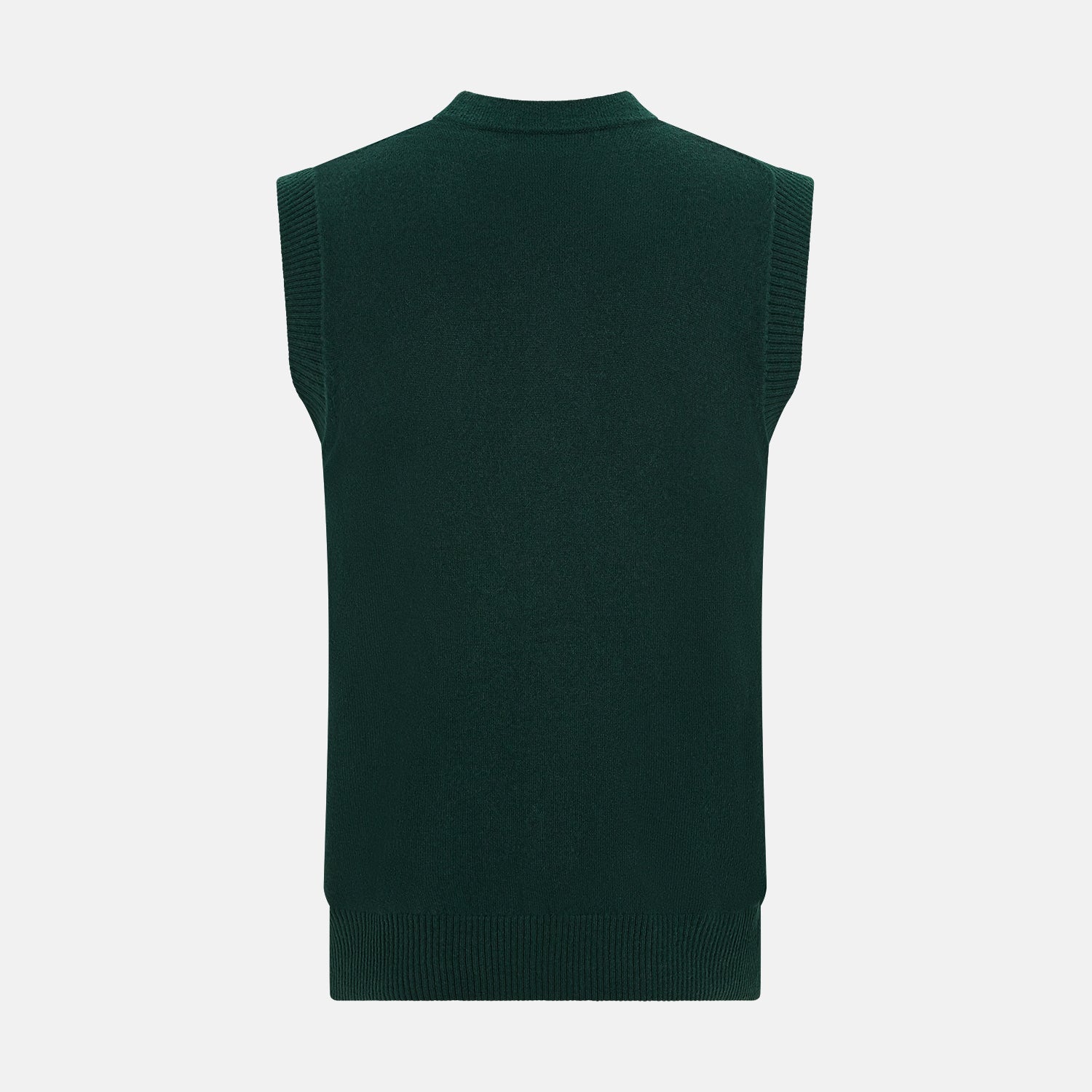 View 3 of product The Forest Green Cashmere Sleeveless Cardigan by Turnbull & Asser features a V-neck, button-down front, ribbed hem and armholes, and two front pockets—an elegant menswear staple shown on a plain white background.