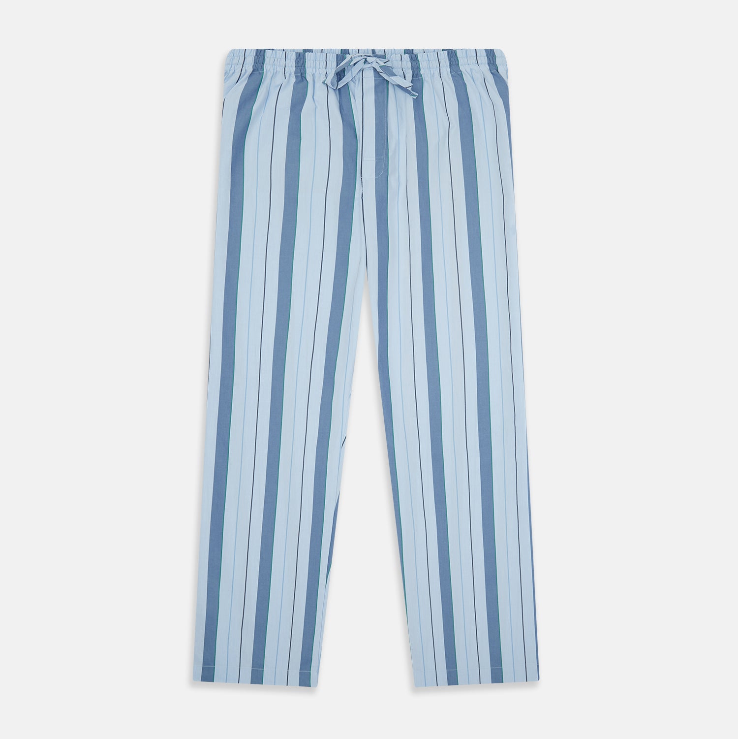 View 1 of product Turnbull & Asser's Blue Multi Stripe Pyjama Trousers feature light blue cotton with a blue multi-stripe pattern, an elastic waistband, and front drawstring, shown laid flat on a white background.