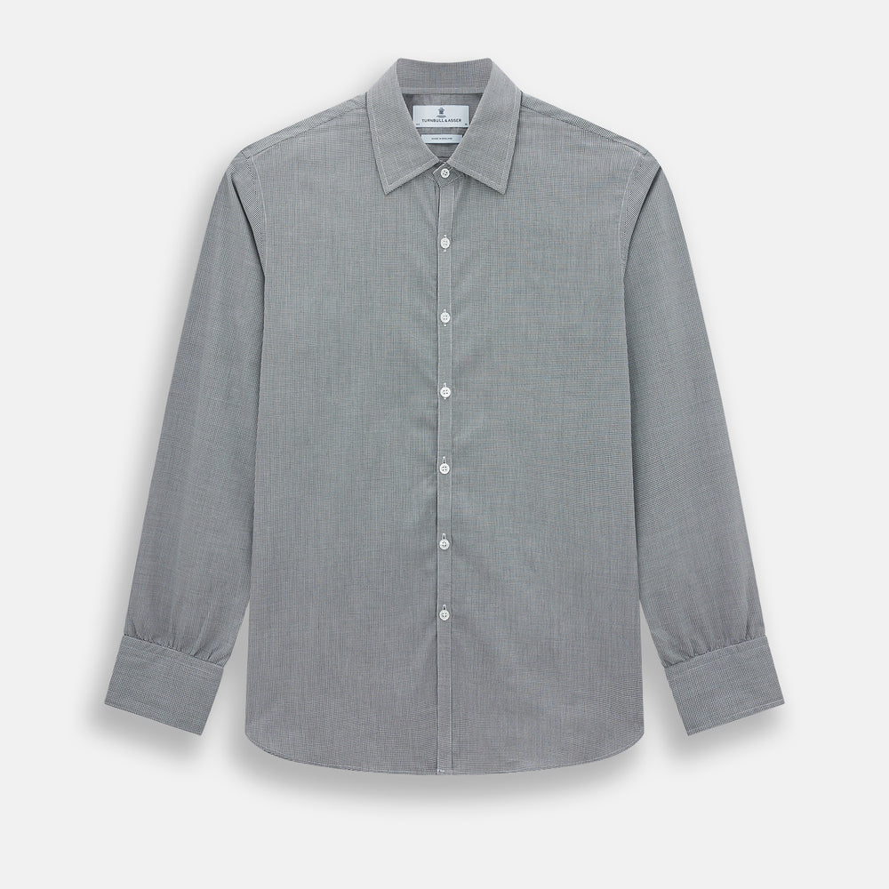 The Turnbull & Asser Grey and White Micro Check Westminster Shirt features long sleeves, a button-up front, a Westminster collar, and white buttons, shown flat on a white background.
