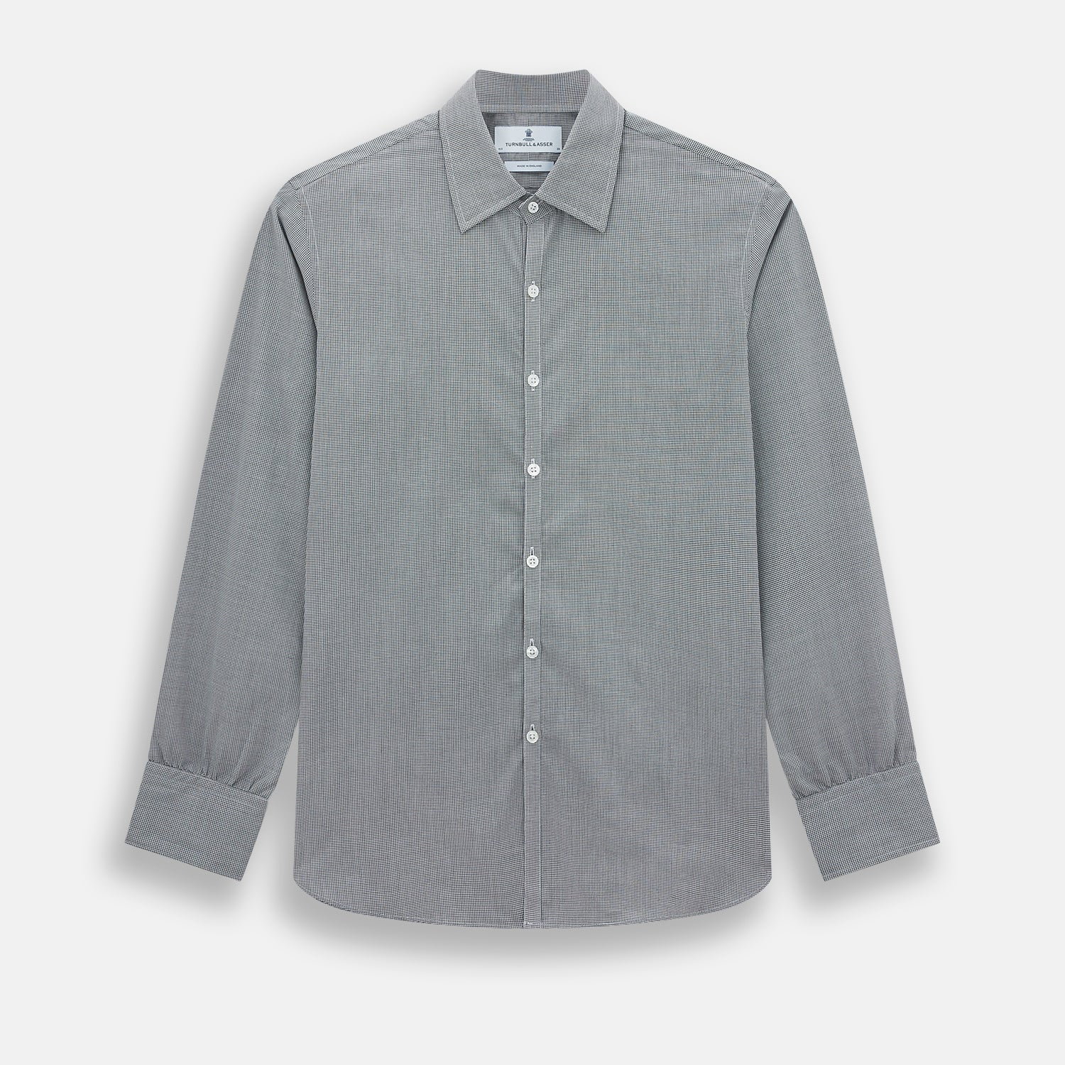 View 1 of product The Turnbull & Asser Grey and White Micro Check Westminster Shirt features long sleeves, a button-up front, a Westminster collar, and white buttons, shown flat on a white background.