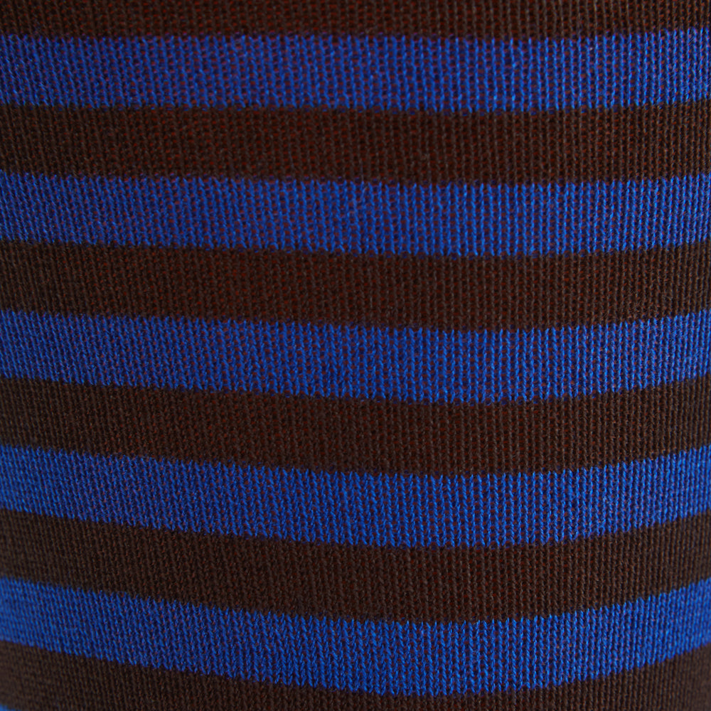 The Blue Striped Cotton Blend Sock by Turnbull & Asser features horizontal dark brown and blue stripes, a solid brown cuff, heel, and toe. Its bold colours stand out against a plain white background.