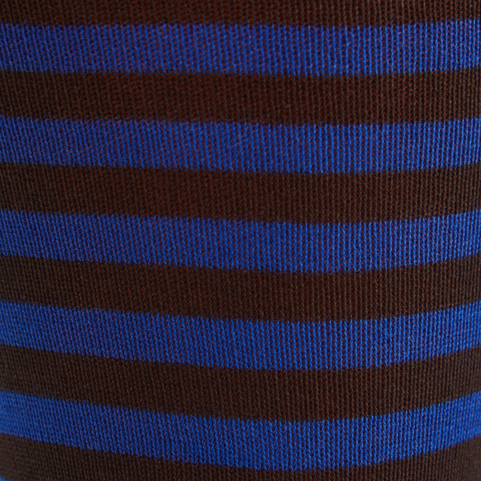 View 2 of product The Blue Striped Cotton Blend Sock by Turnbull & Asser features horizontal dark brown and blue stripes, a solid brown cuff, heel, and toe. Its bold colours stand out against a plain white background.