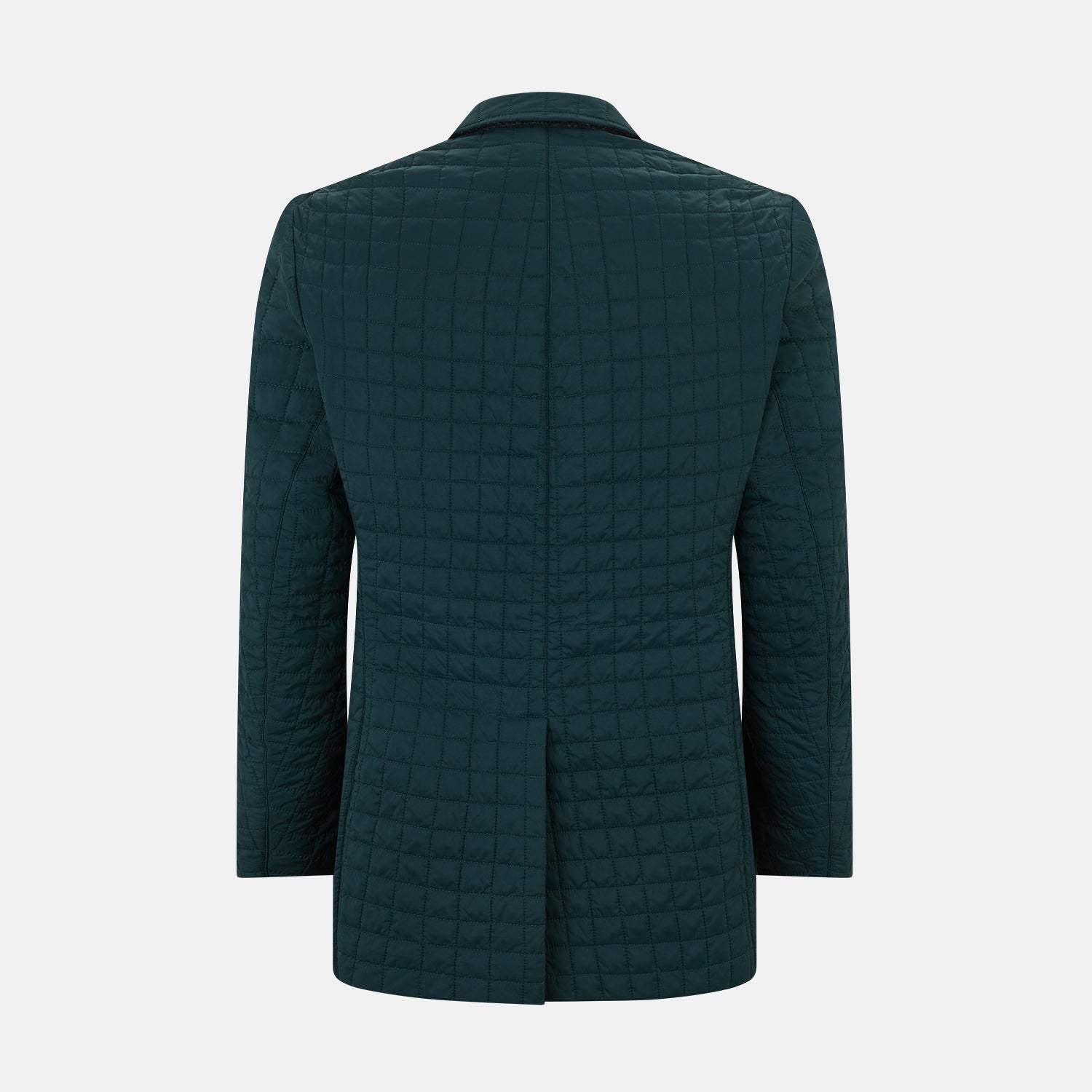 View 3 of product The Turnbull & Asser Fulham Forest Green Single-Breasted Quilted Blazer features a three-button front, notched lapels, chest pocket, and two front flap pockets—an elegant choice for the modern gentleman on a plain white background.