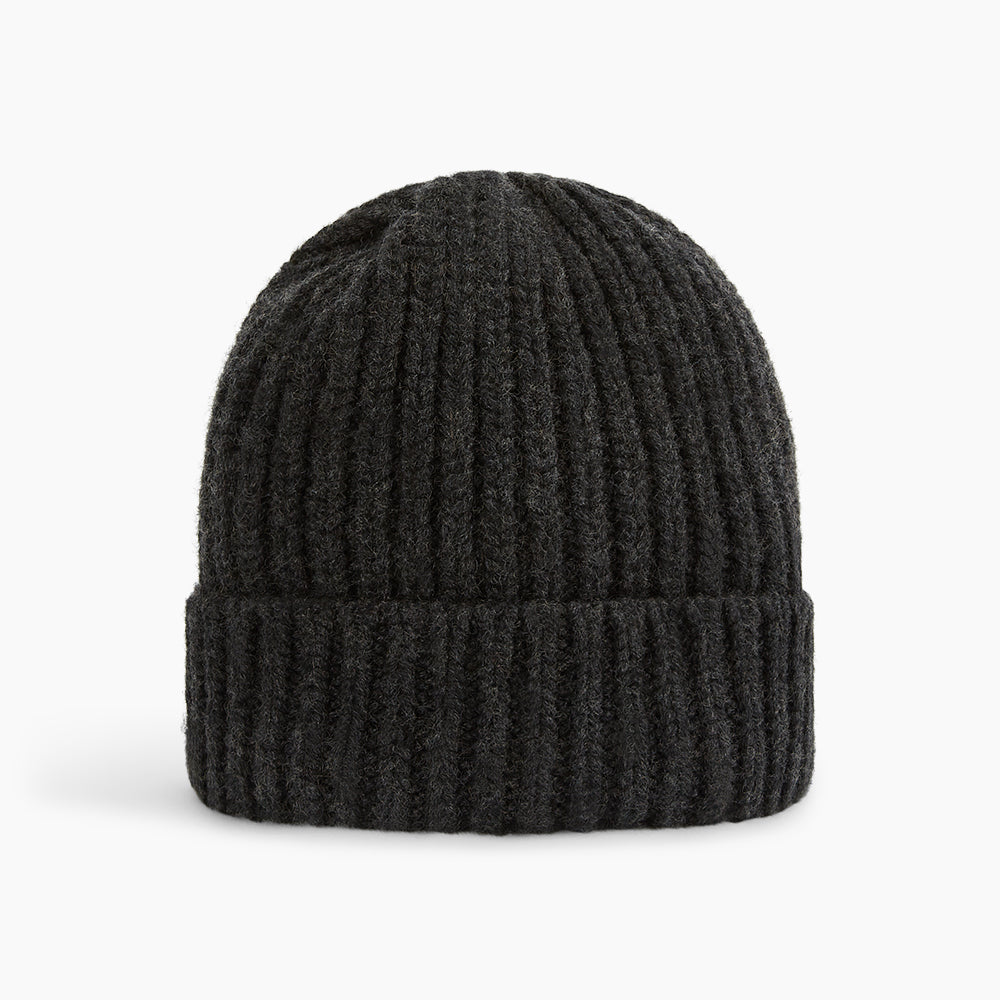 The Turnbull & Asser Charcoal Melange Ribbed Cashmere Beanie features a chunky knit and folded cuff, shown against a plain white background.