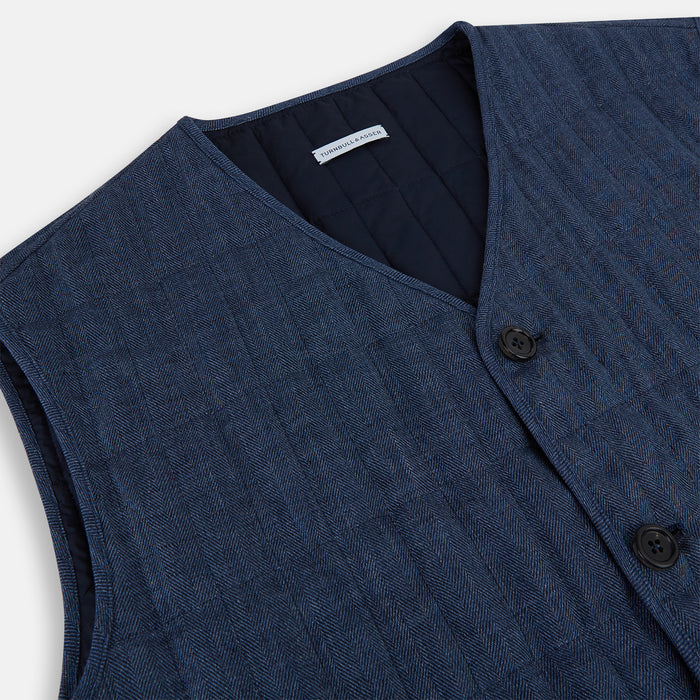 Denim Blue Quilted Linen Herringbone Waistcoat Image 1