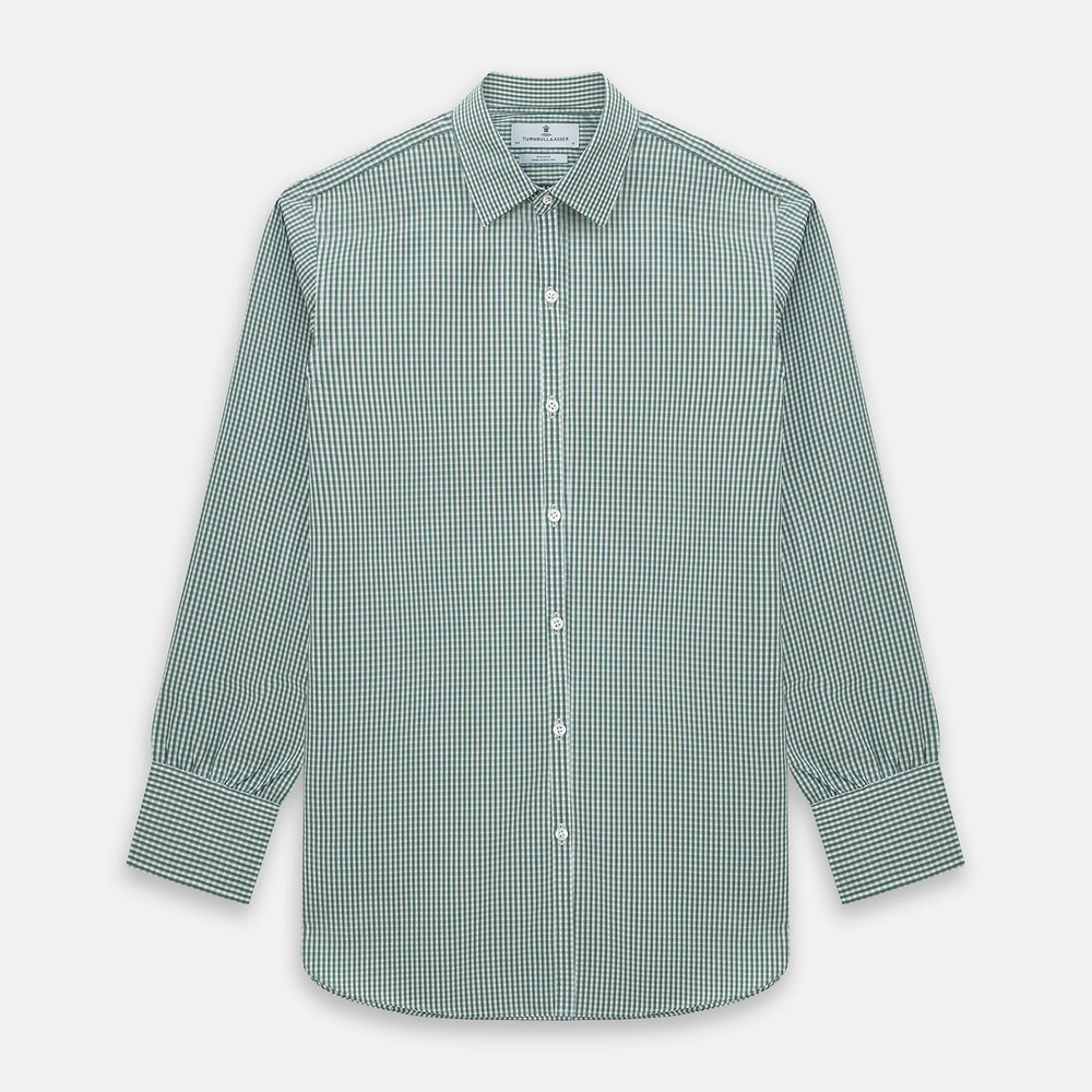 The MELON GREEN MICRO SHADOW CHECK WESTMINSTER SHIRT by Turnbull & Asser is a long-sleeved, button-up shirt with a green and white checkered pattern, pointed collar, and buttoned cuffs, shown on a white background.