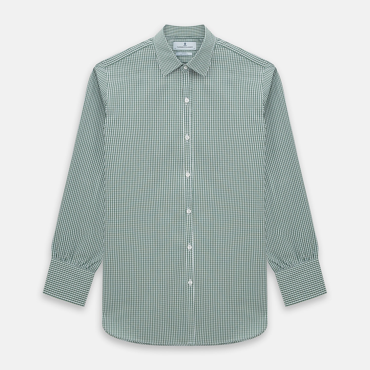 View 1 of product The MELON GREEN MICRO SHADOW CHECK WESTMINSTER SHIRT by Turnbull & Asser is a long-sleeved, button-up shirt with a green and white checkered pattern, pointed collar, and buttoned cuffs, shown on a white background.
