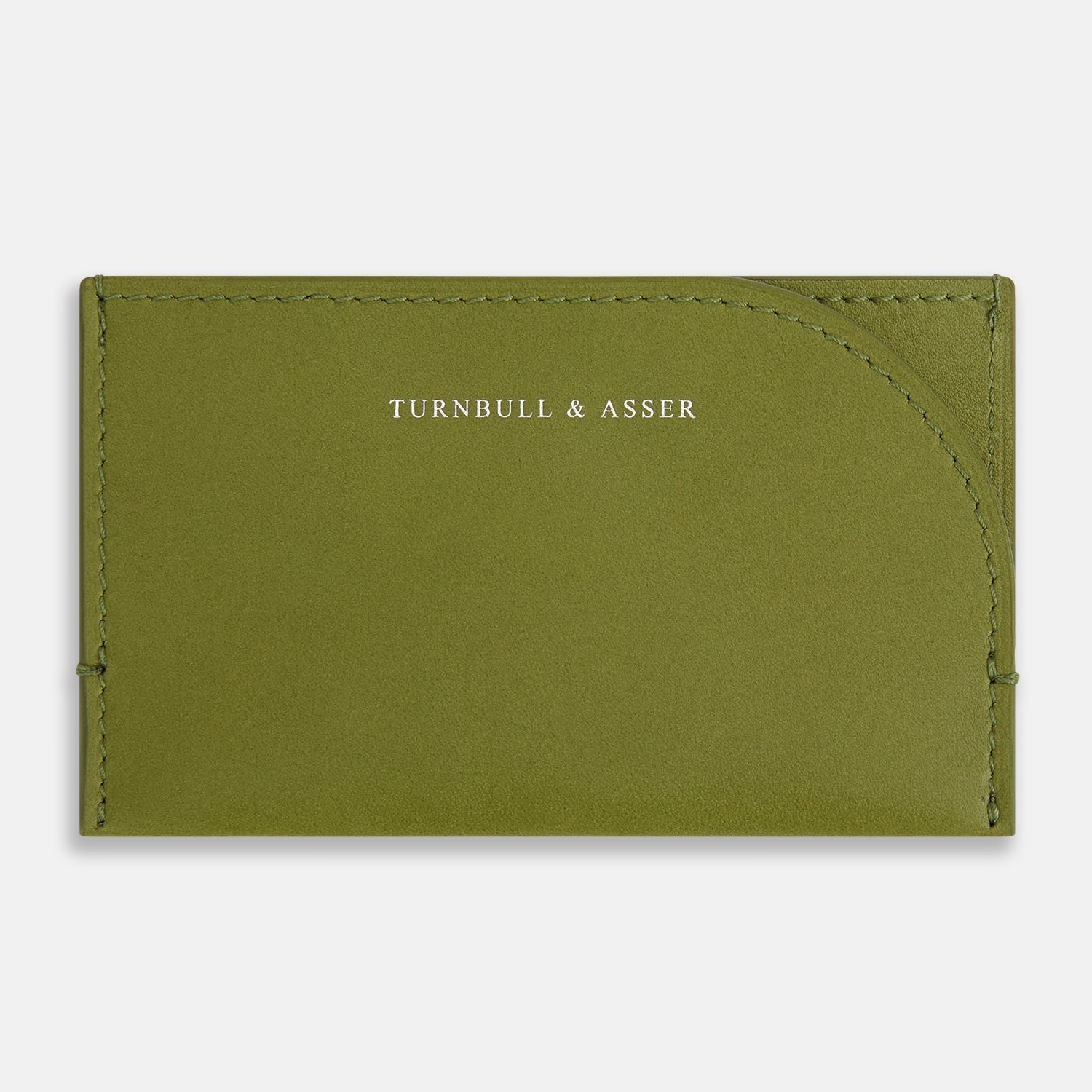 View 1 of product The Moss Green Slim Rounded Card Holder by Turnbull & Asser features Italian leather, white printed branding on the front, detailed stitching, and a curved seam at the upper right corner.