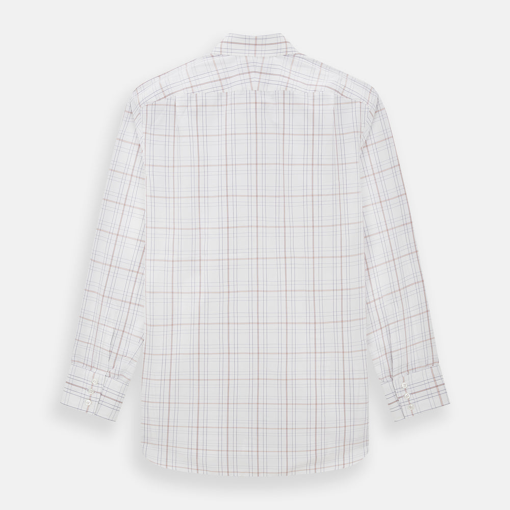 Turnbull & Asser’s Purple and Rose Multi Check Mayfair Shirt features a long-sleeve British design with a white base and purple and rose checks, shown on a plain white background.