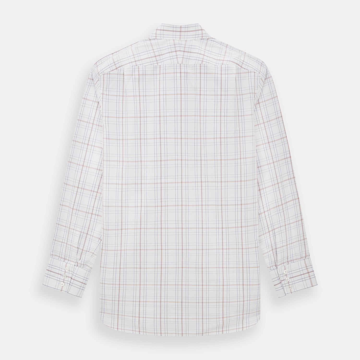 View 3 of product Turnbull & Asser’s Purple and Rose Multi Check Mayfair Shirt features a long-sleeve British design with a white base and purple and rose checks, shown on a plain white background.