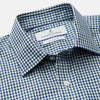 View 2 of product The Turnbull & Asser Green and Blue Cotton Multi Check Weekend Fit Finch Shirt features long sleeves, a pointed collar, and buttoned cuffs—perfect for versatile style. Laid flat on a white background.