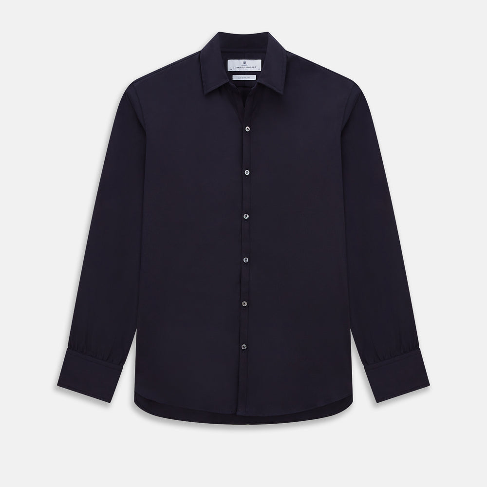 The Navy Twill Windsor Shirt by Turnbull & Asser features long sleeves, a button-up front, British craftsmanship, and a refined Windsor collar, shown in dark navy on a plain white background.