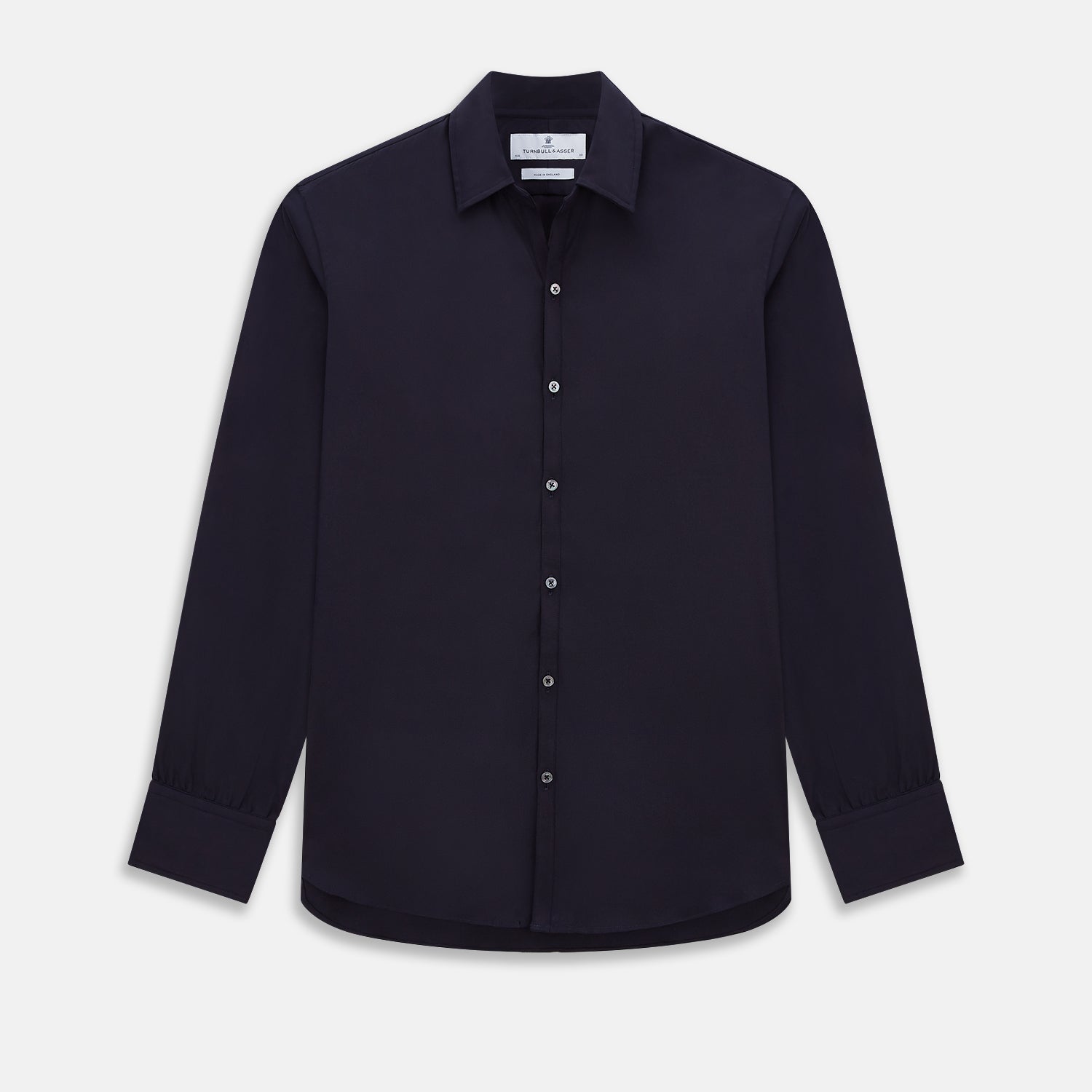 View 1 of product The Navy Twill Windsor Shirt by Turnbull & Asser features long sleeves, a button-up front, British craftsmanship, and a refined Windsor collar, shown in dark navy on a plain white background.
